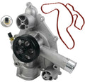 Water pump with sensor, silver housing with black pulley and red wiring harness