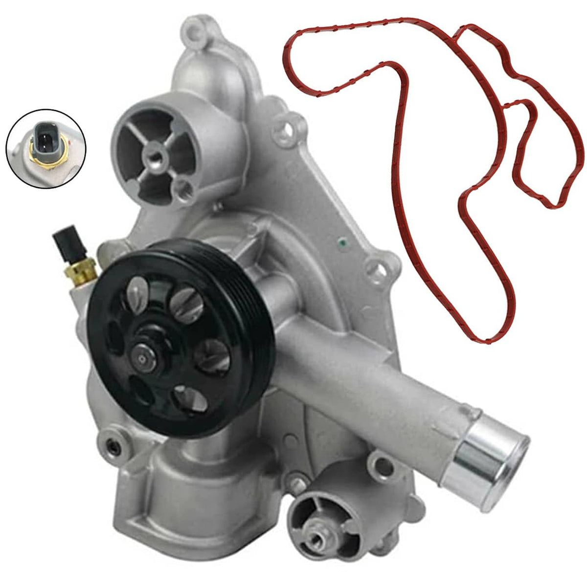 Water pump with sensor, silver housing with black pulley and red wiring harness