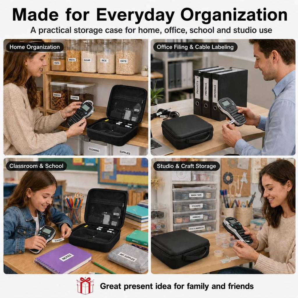 Black zippered label maker storage case shown in multiple organization settings