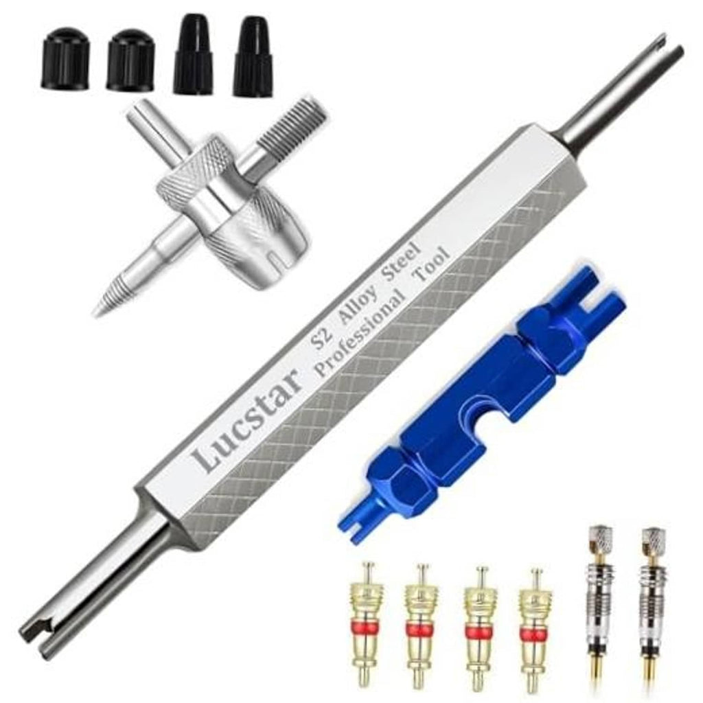 A/C tire valve stem core removal tool kit with alloy core tool, blue housing, and caps