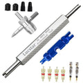 A/C tire valve stem core removal tool kit with alloy core tool, blue housing, and caps