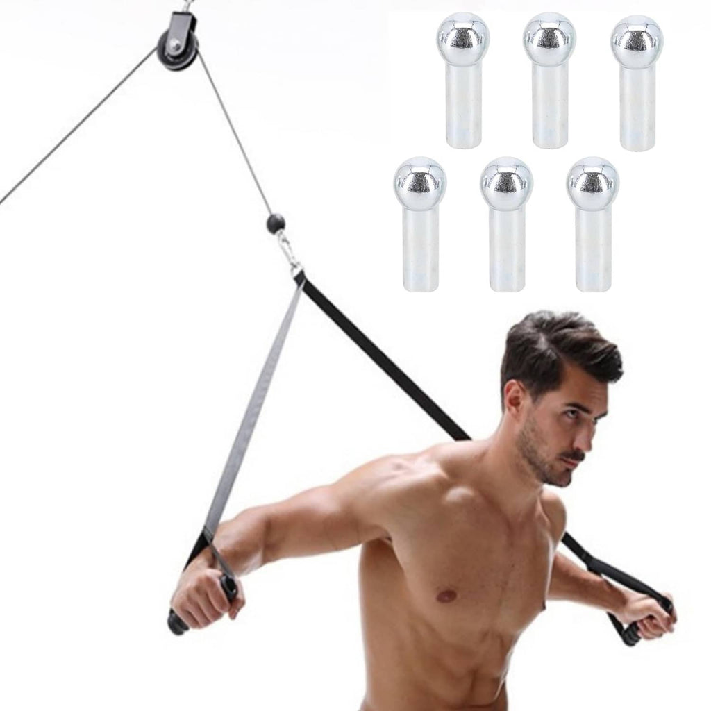 Silver cable ball stopper terminals on gym cable, round ball ends and shafts.
