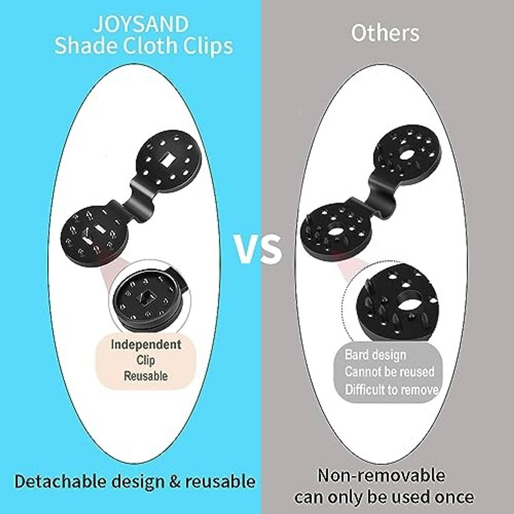 Shade cloth clips, black design shown in comparison panel with clip head close-ups