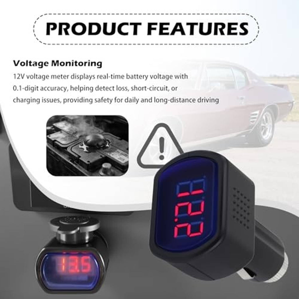 Car voltage monitoring meter with blue LED display and black cigarette-lighter plug