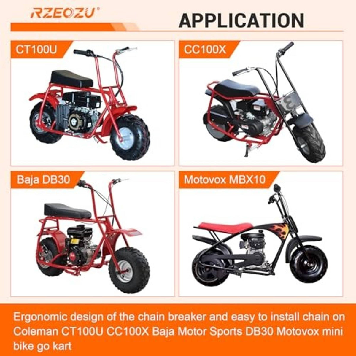 Motorcycle chain breaker tool compatibility chart with illustrated bike, ATV, and scooter