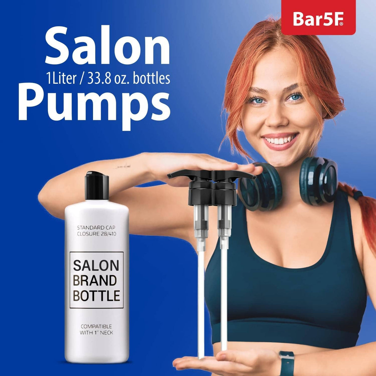 Black pump dispenser for 1L bottles on a white shampoo bottle