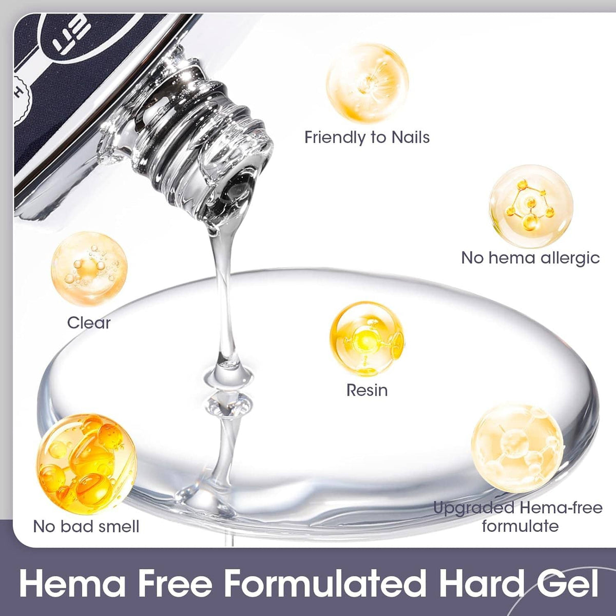 Hema-free clear builder gel with bottle and gel droplet graphic