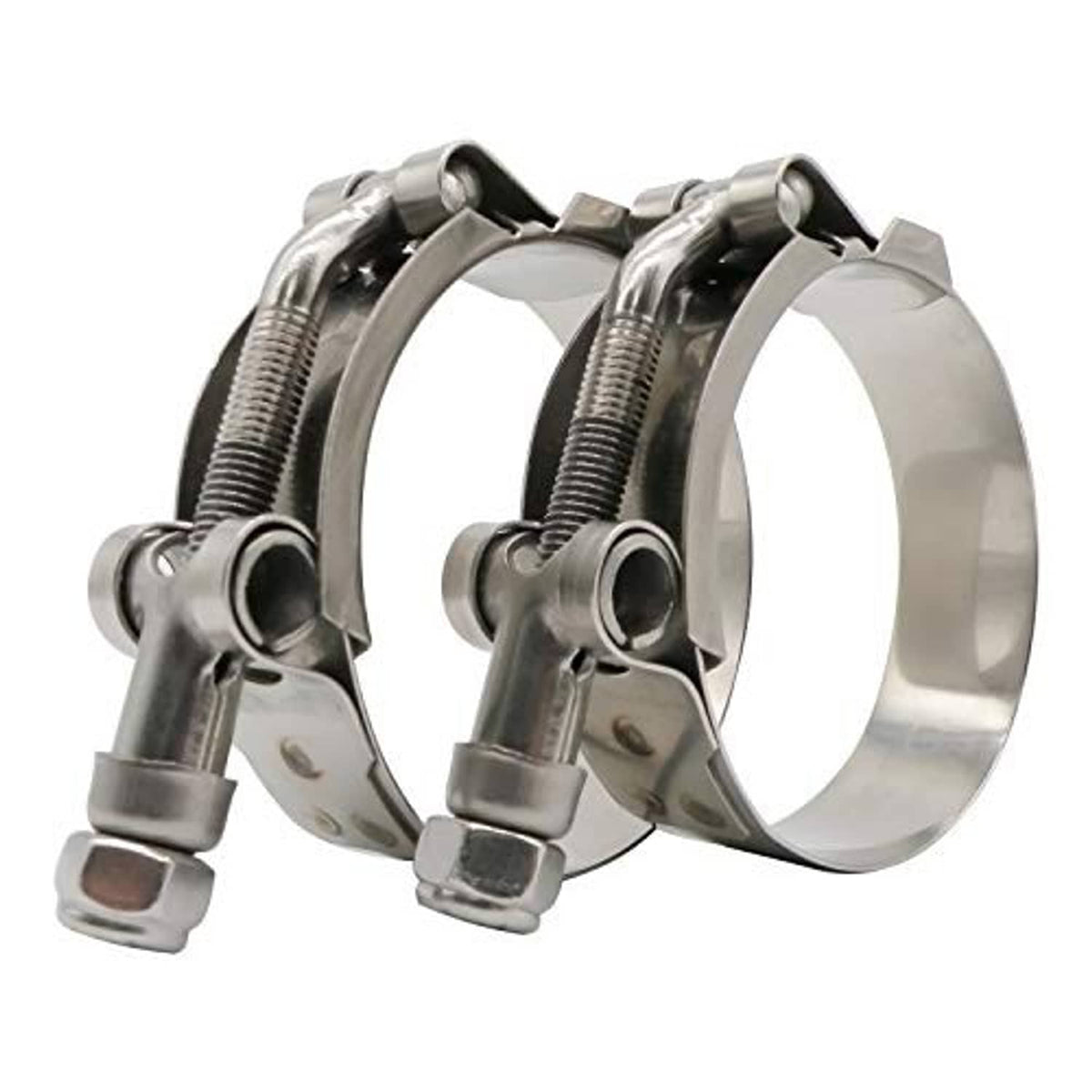 Two stainless steel T-bolt hose clamps with contoured band and tightening bolts