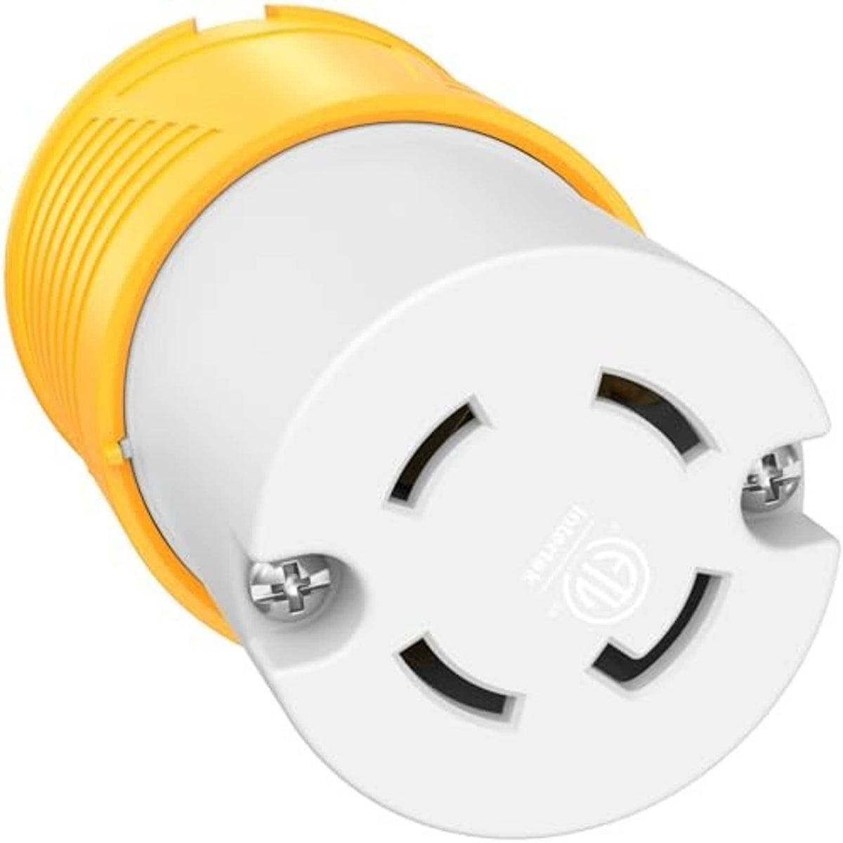 NEMA L14-30R locking female plug: yellow twist collar, white 4-prong face.