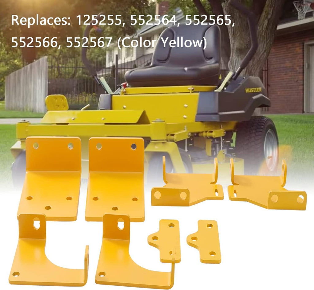 Yellow hydro transmission bracket kit for riding mower, shown with multiple yellow brackets