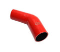 Red 45-degree elbow hose coupler with reduced outlet and black interior bore