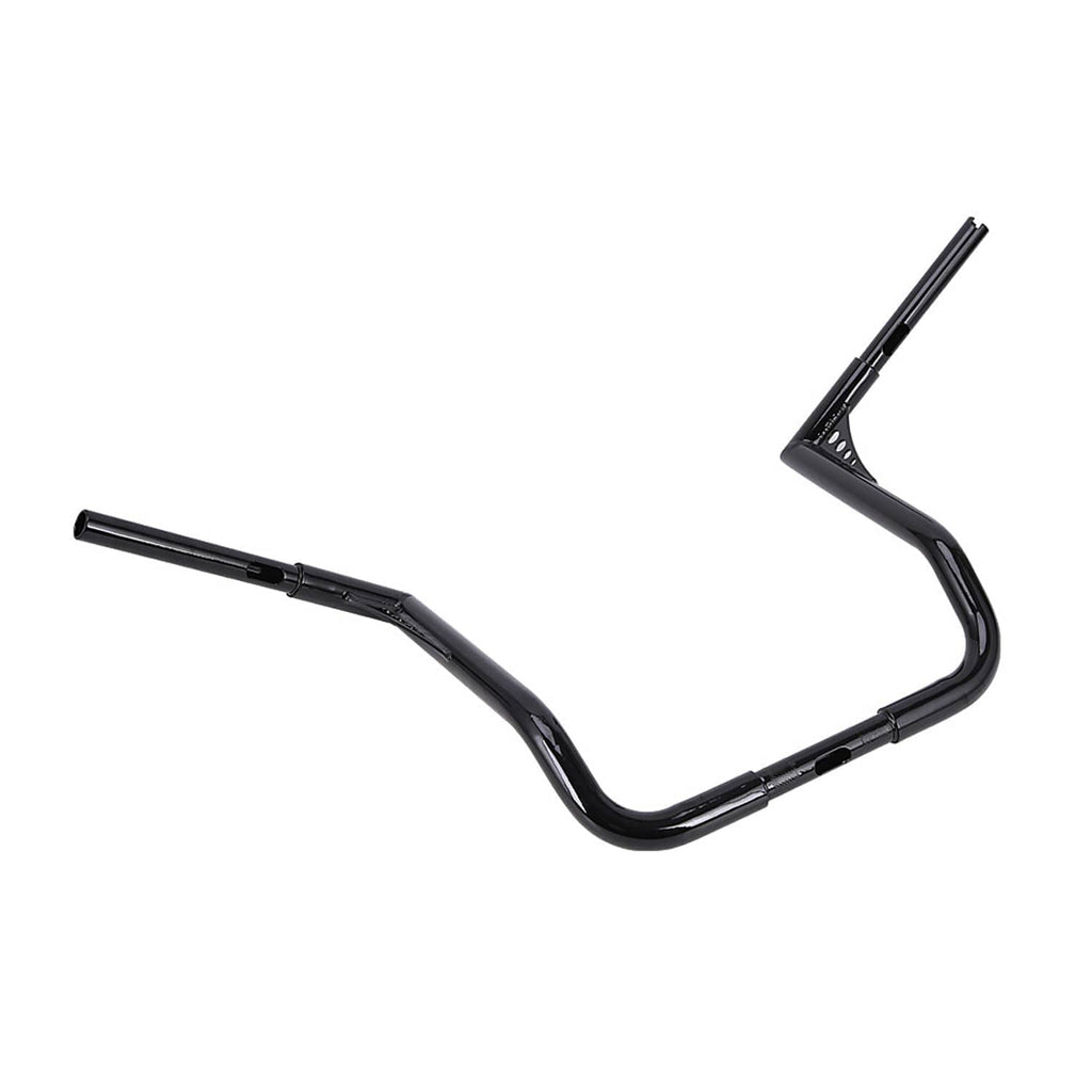 Black motorcycle handlebar with U-shaped center and angled ends, visible mounting points