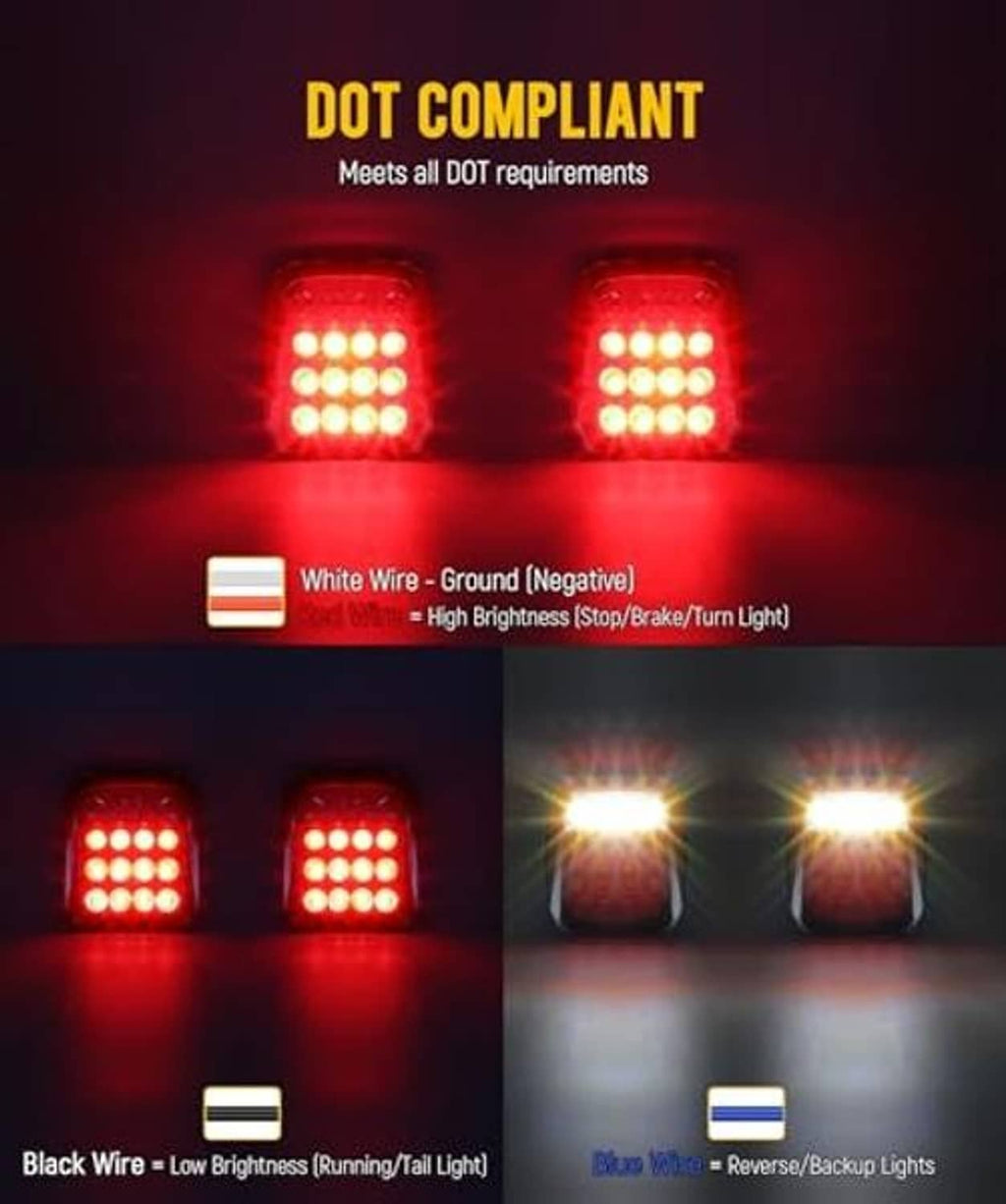 Pair of square red LED trailer lights with bright lit LED arrays