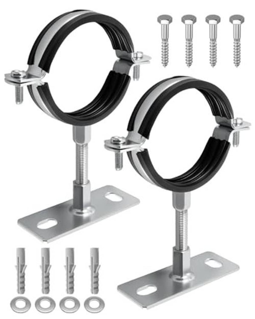 Pair of adjustable split-ring pipe hangers, black rings and galvanized square mounting plates