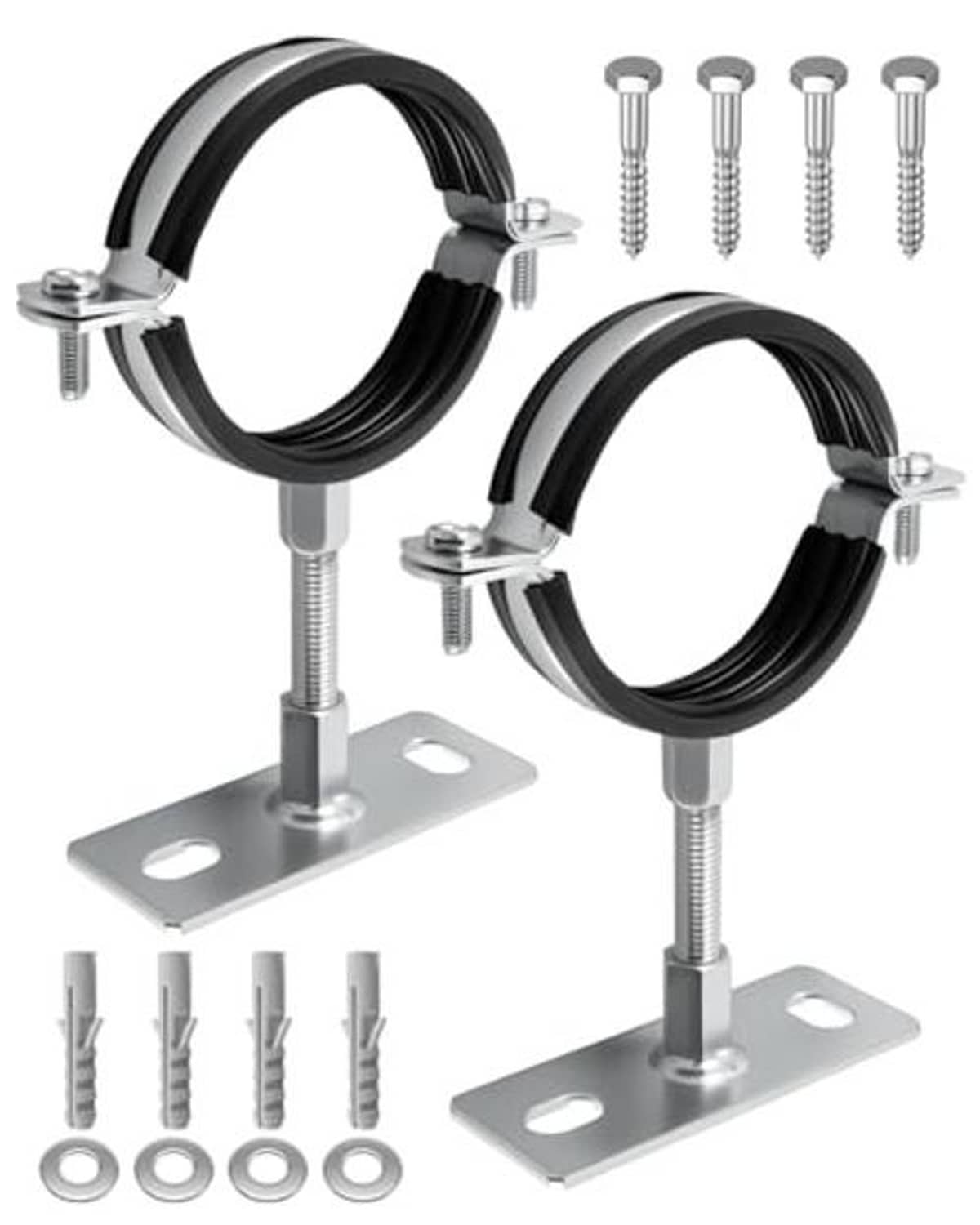 Pair of adjustable split-ring pipe hangers, black rings and galvanized square mounting plates