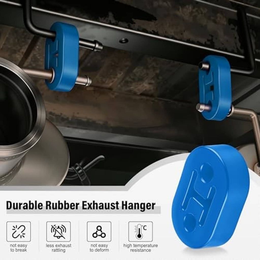 Blue rubber exhaust hanger installed on an exhaust pipe with metal bolts