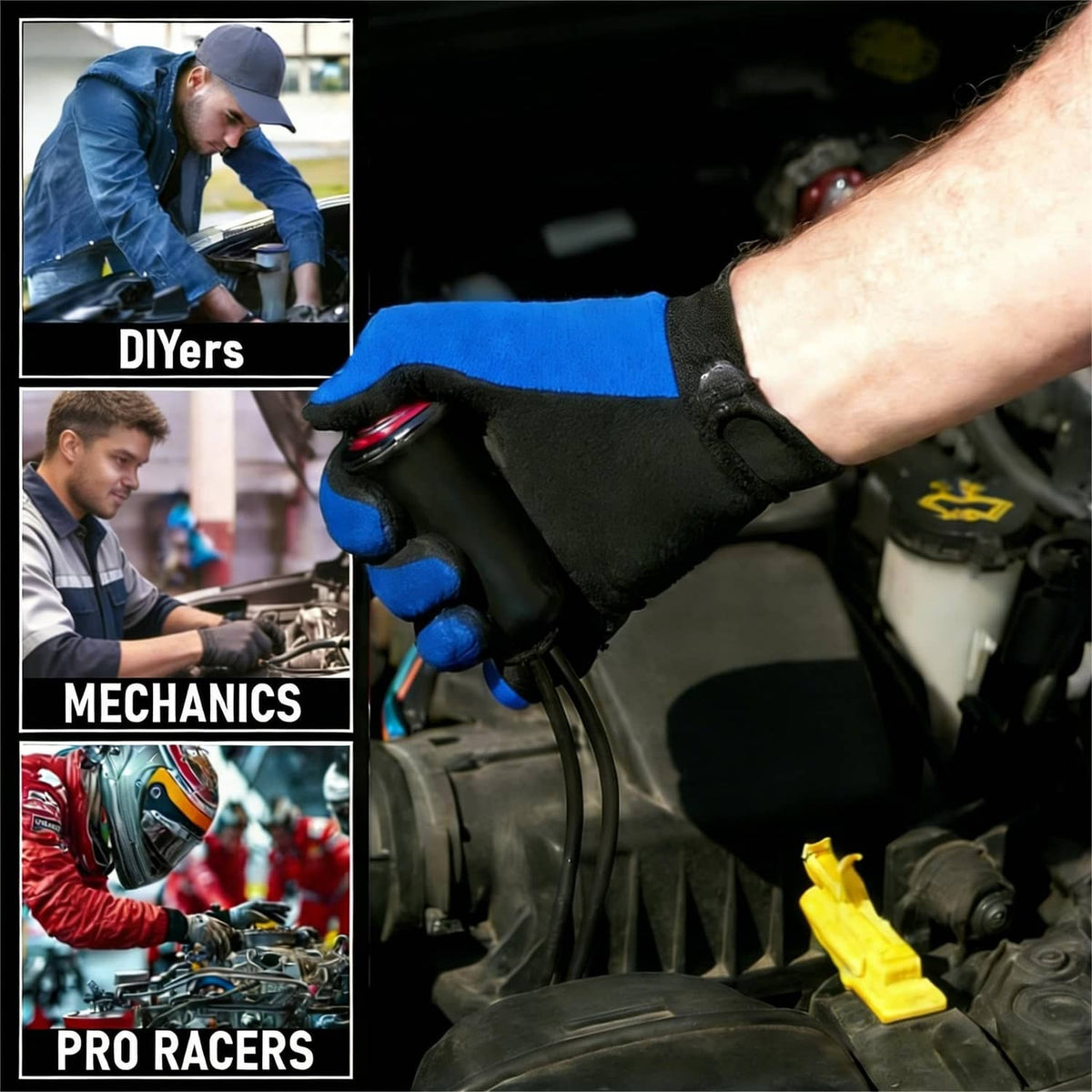Black ignition spark tester with leads, held by gloved hand near engine bay