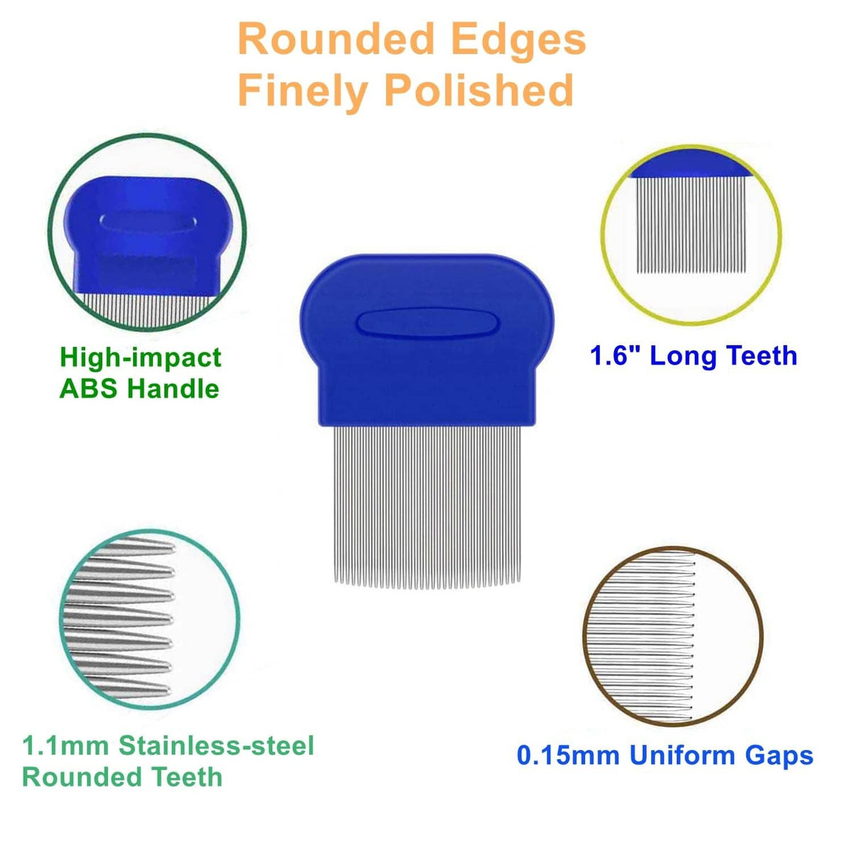 Blue flea comb with finely polished, rounded stainless-steel teeth and ABS handle