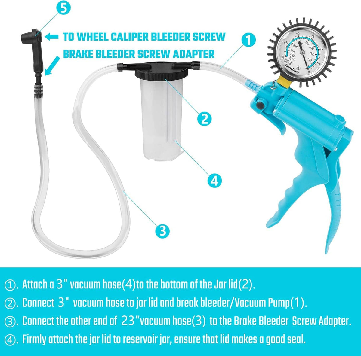 Brake bleeder kit diagram showing vacuum hoses, jar, and screw adapter connections