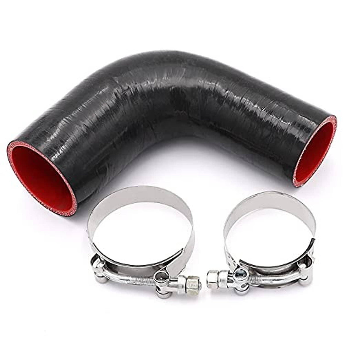 Black 90-degree silicone elbow hose coupler with red lining and two T-bolt clamps