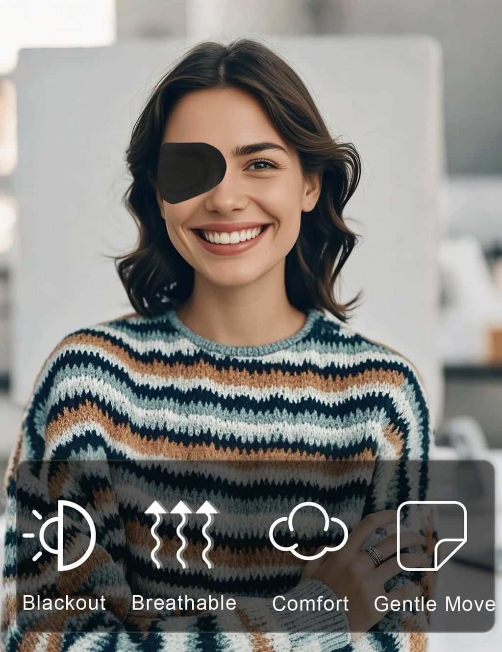 Black oval adhesive eye patch on a person’s face, covering one eye.