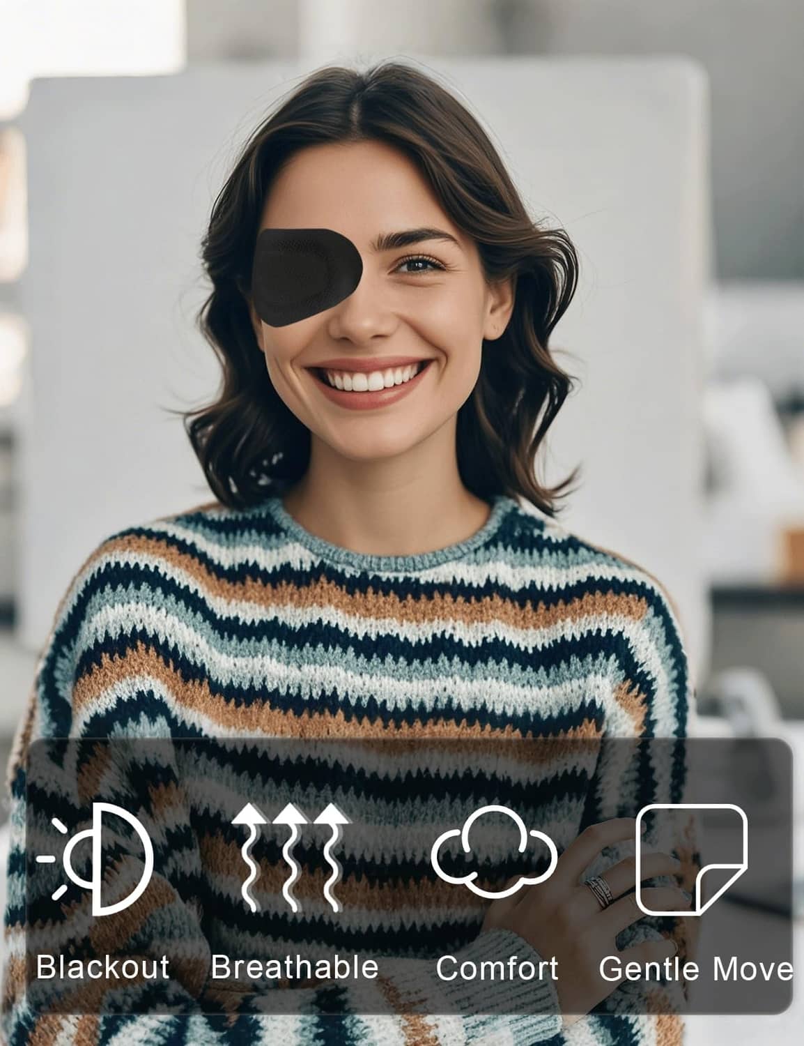 Black oval adhesive eye patch on a person’s face, covering one eye.