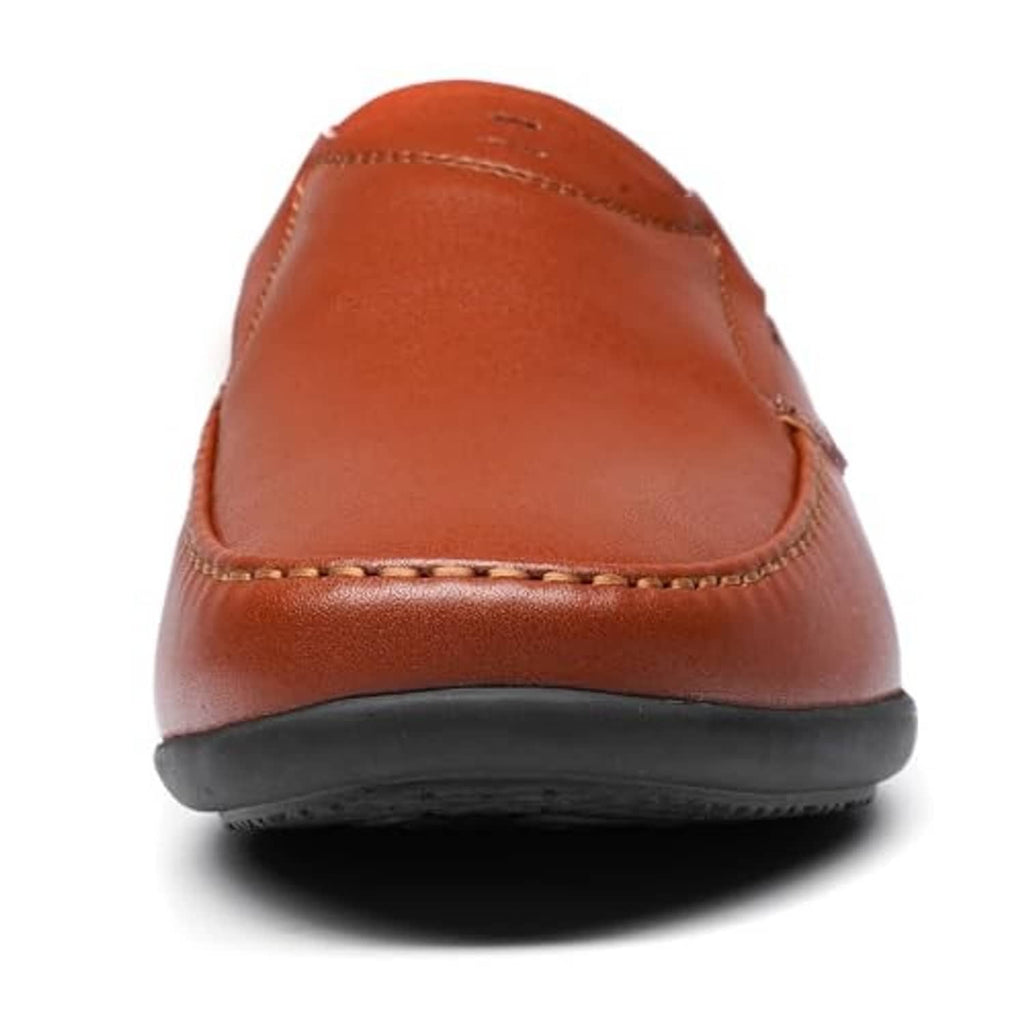 Men's brown leather slip-on loafer with smooth vamp and black rubber sole edge