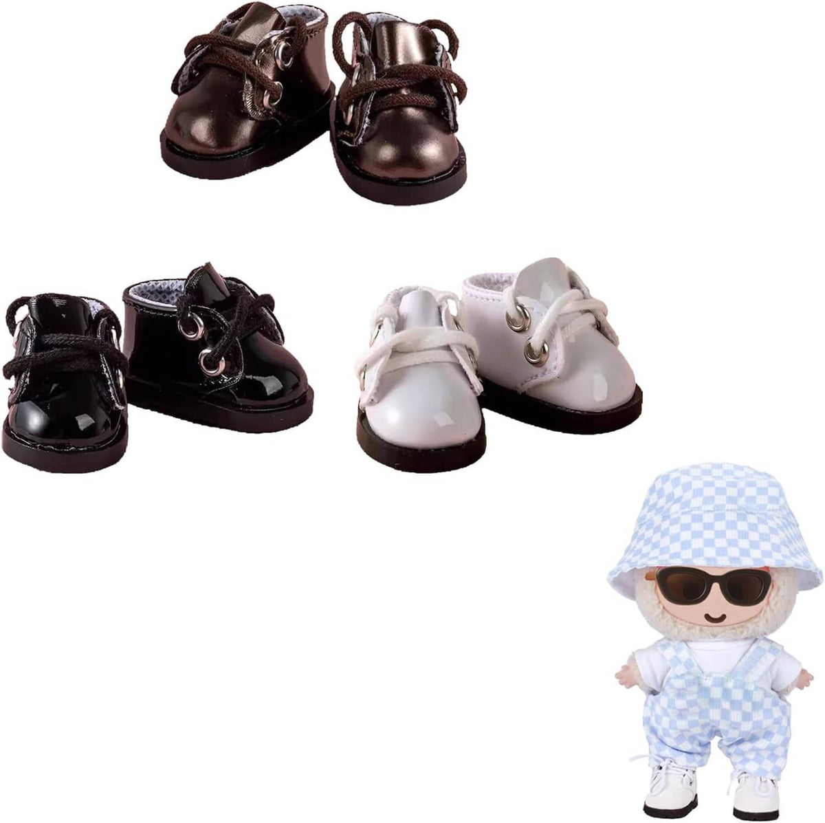 Mini doll elf shoes set of 3 pairs: dark, black, and white PU lace-ups
