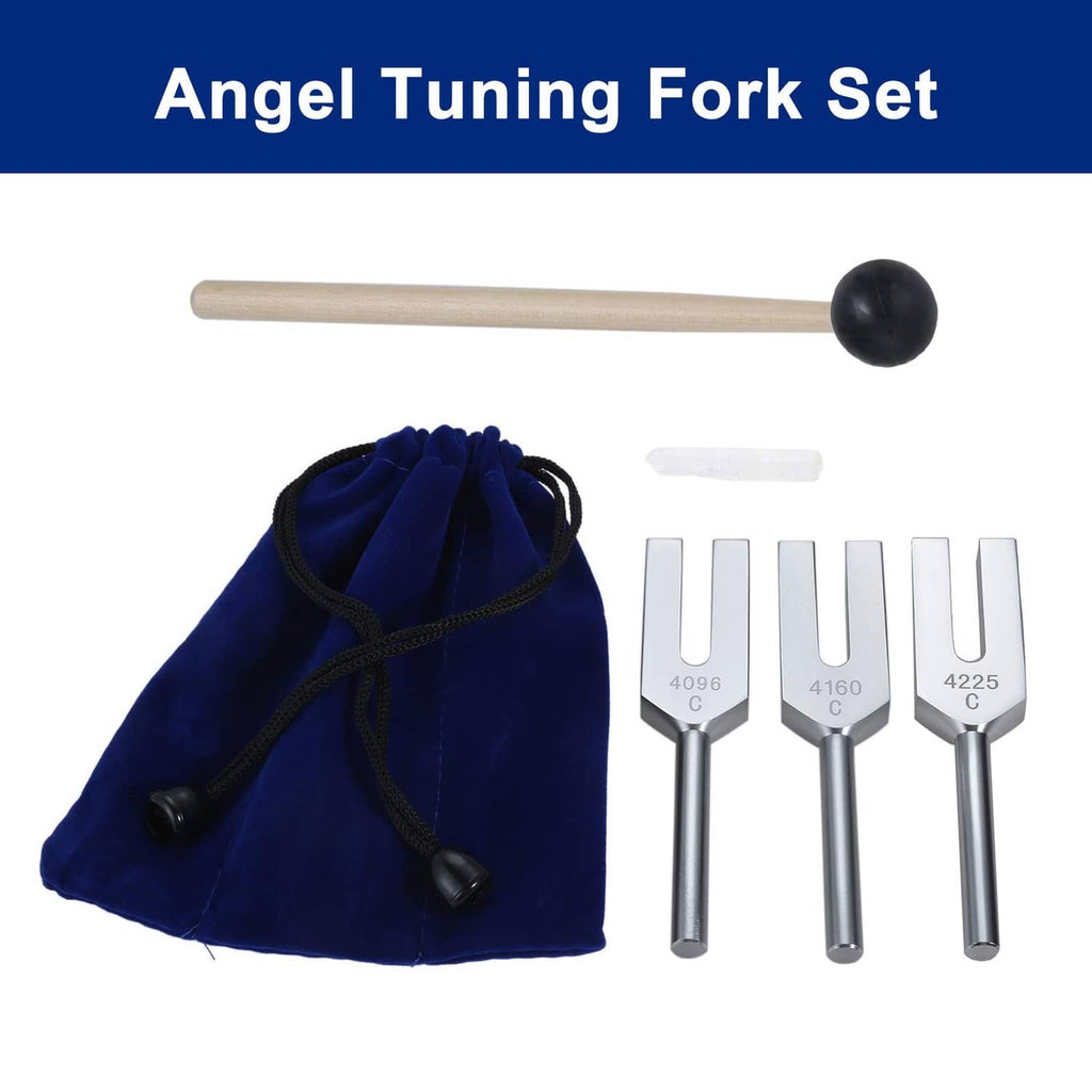 Navy pouch tuning fork set with three silver forks labeled 4096, 4160, 4225 and mallet