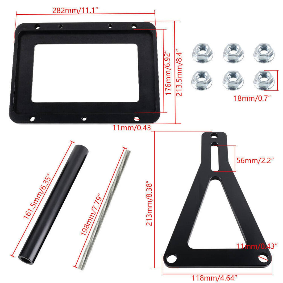 Black battery tray base plate with included posts, bolts, and nuts
