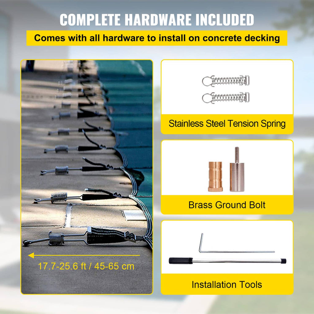 Pool cover hardware set: stainless tension springs, brass ground bolts, and installation tools