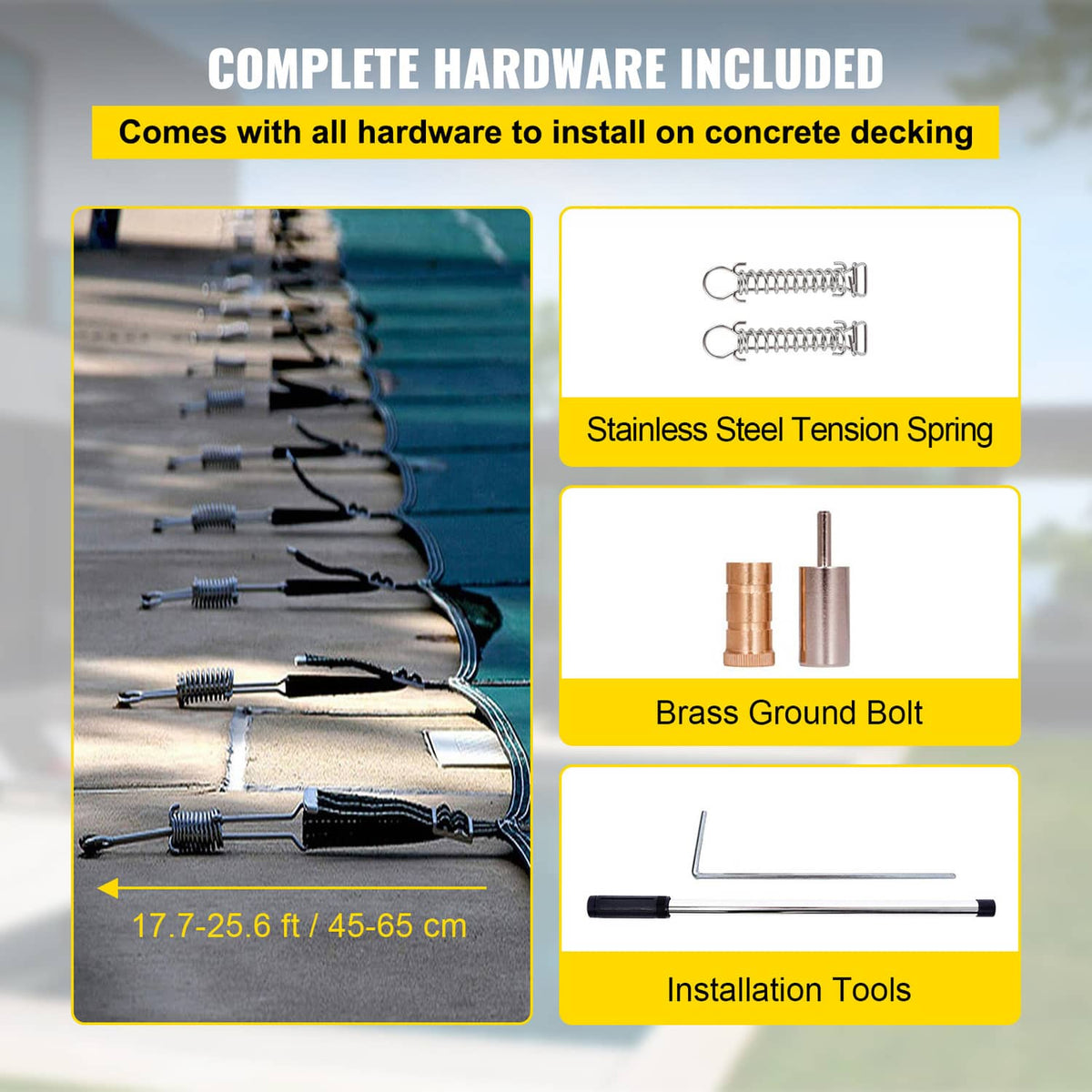 Pool cover hardware set: stainless tension springs, brass ground bolts, and installation tools