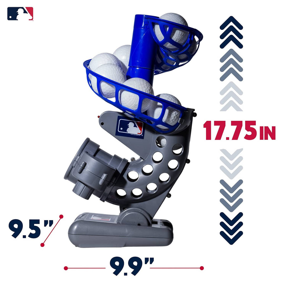 Blue and gray pitching machine with six white plastic balls, height indicator 17.75 in
