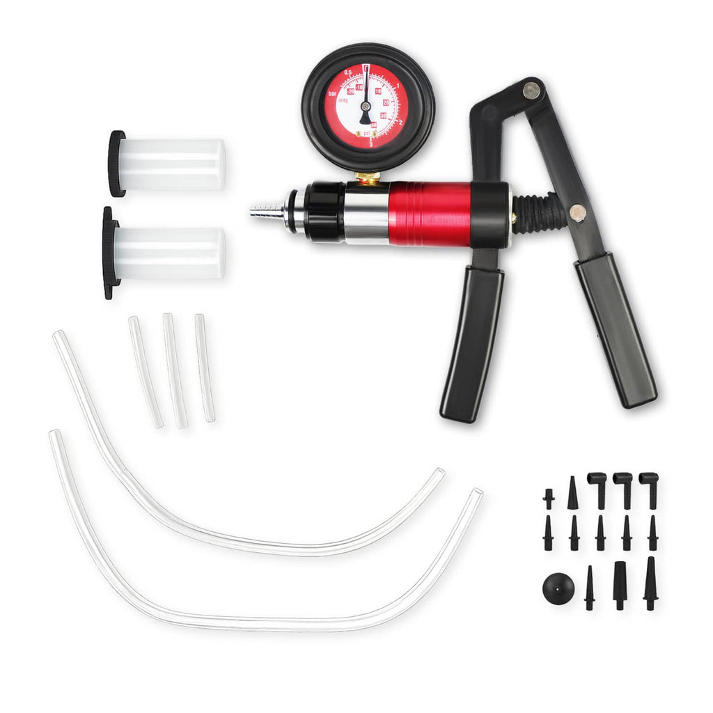 Handheld brake bleeder kit with pressure gauge, red pump, hose and fittings