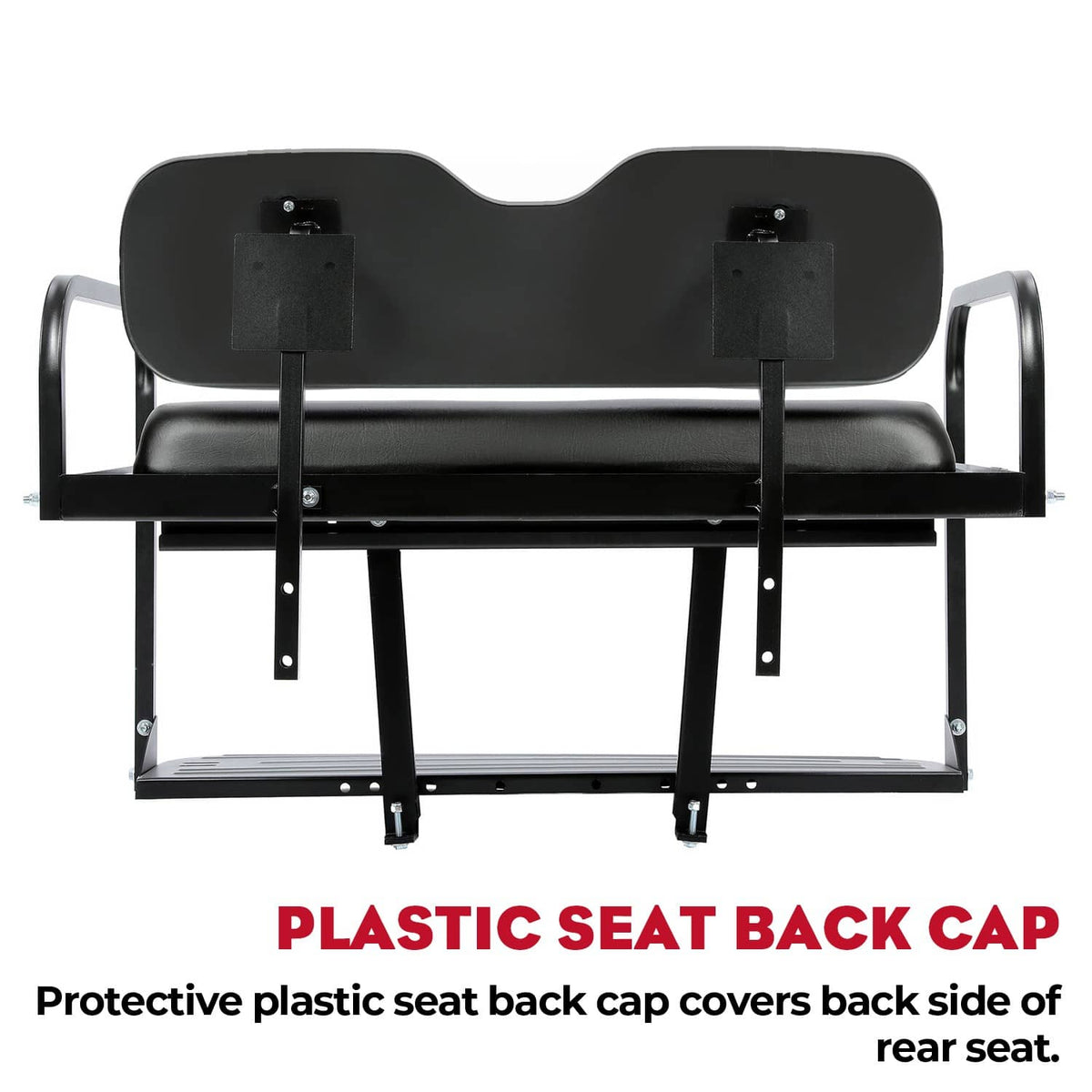 Rear back seat kit with protective plastic seat back caps and black steel support frame