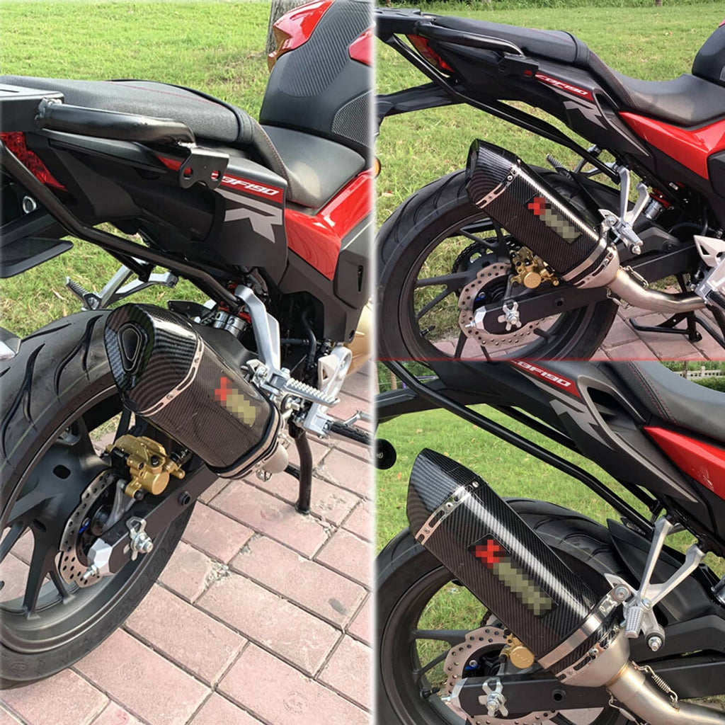 Motorcycle exhaust muffler set with carbon fiber canister and chrome pipe on sport bike