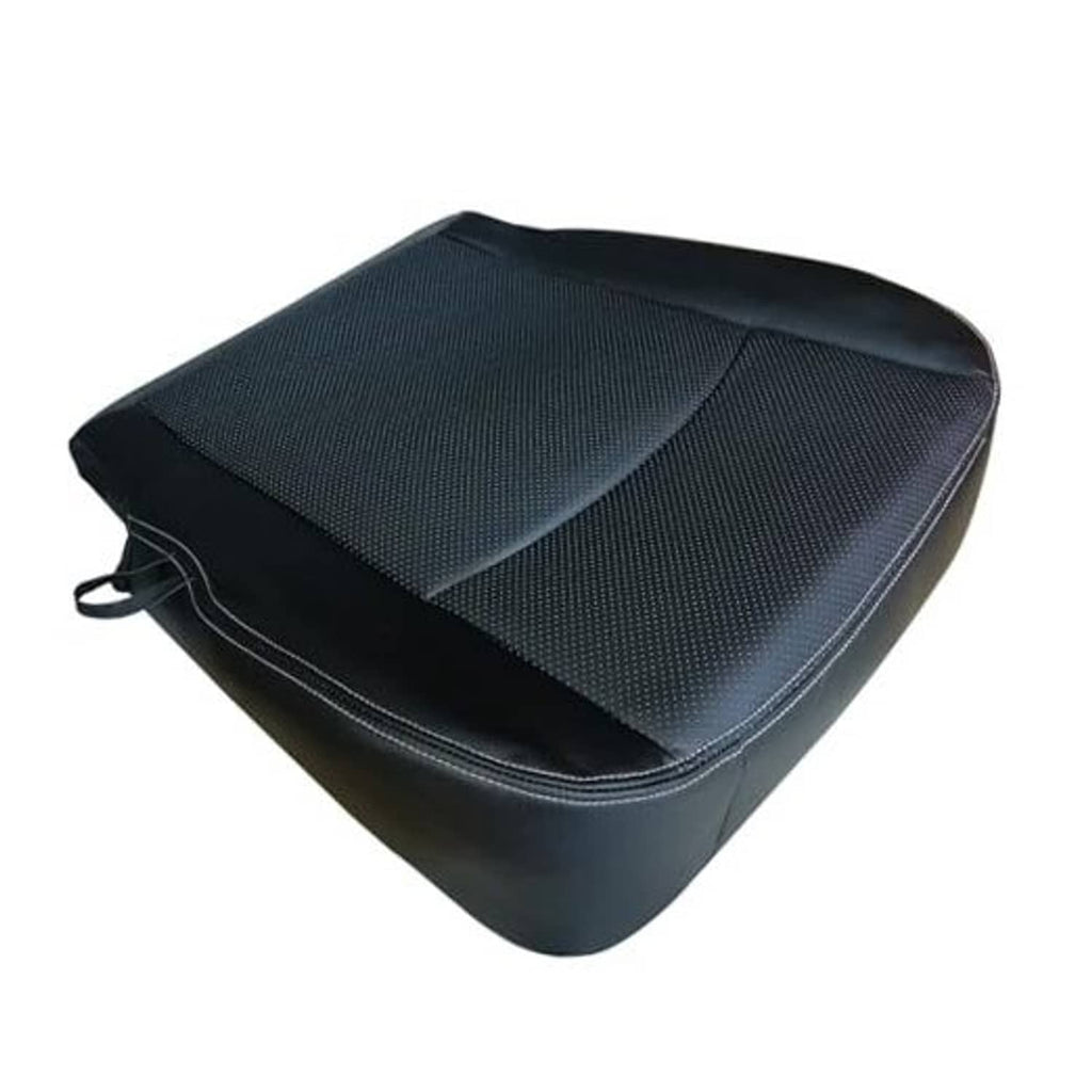 Black artificial leather front seat bottom cover with textured center panel and stitched edges