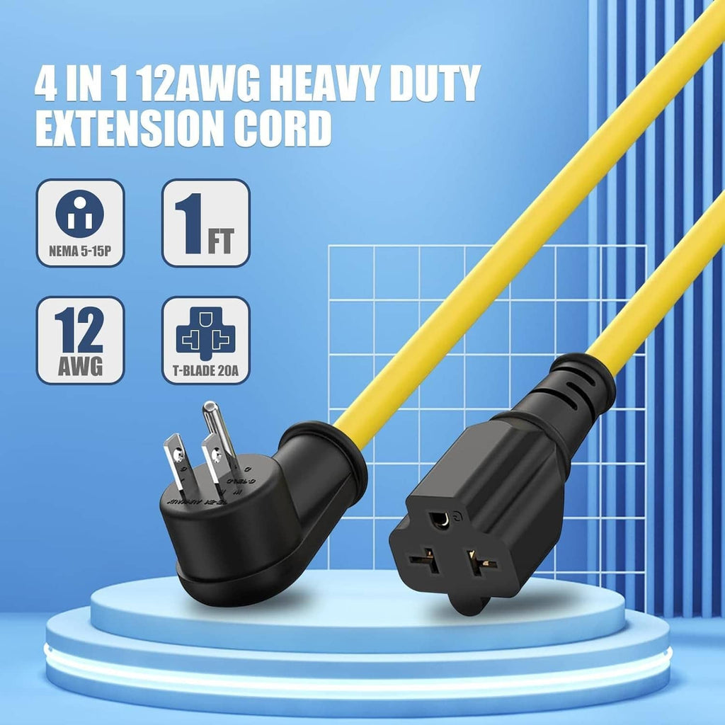 Yellow 1 ft heavy-duty extension cord with T-blade male plug and matching female socket