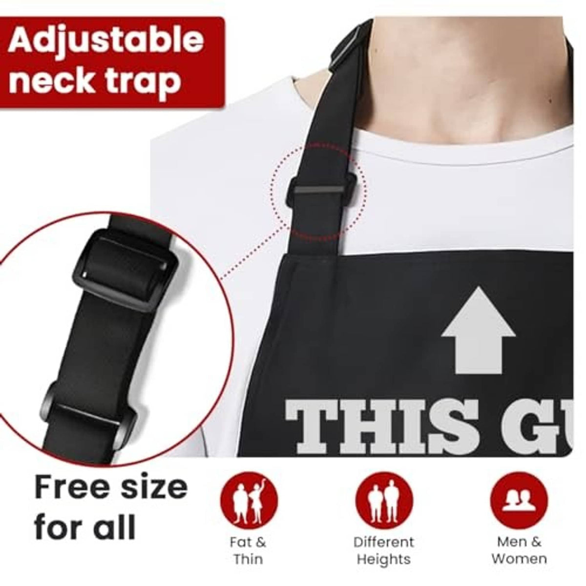 Black apron with adjustable neck strap buckle and 'THIS GUY RUBS HIS OWN MEAT' print