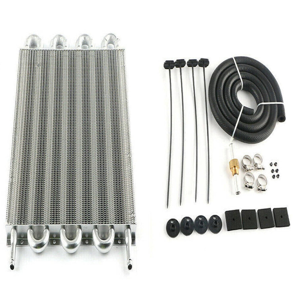 Universal transmission oil cooler kit: aluminum 8-row radiator, hoses, clamps, fittings