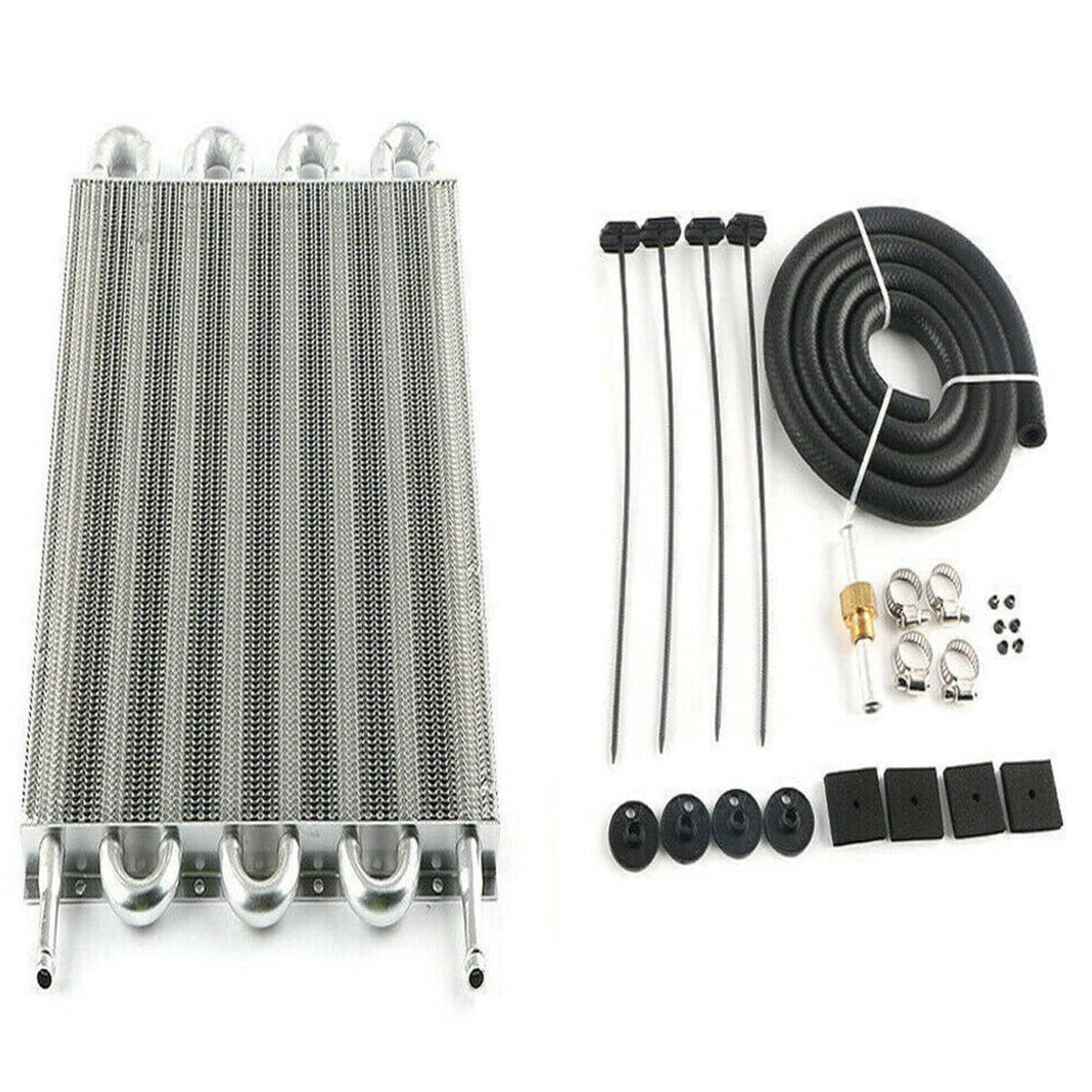 Universal transmission oil cooler kit: aluminum 8-row radiator, hoses, clamps, fittings