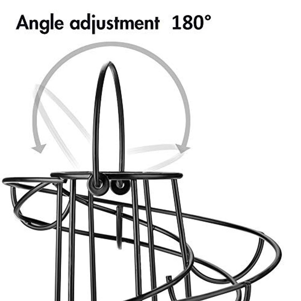 Spiral egg rack with adjustable angle handle, black wire frame.