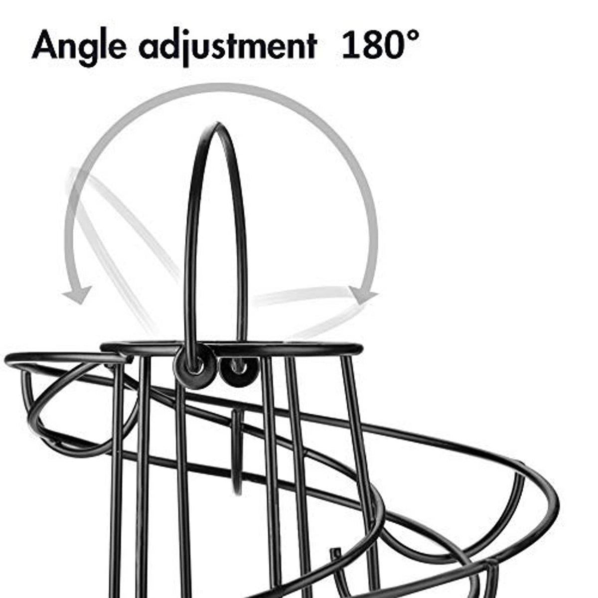 Spiral egg rack with adjustable angle handle, black wire frame.