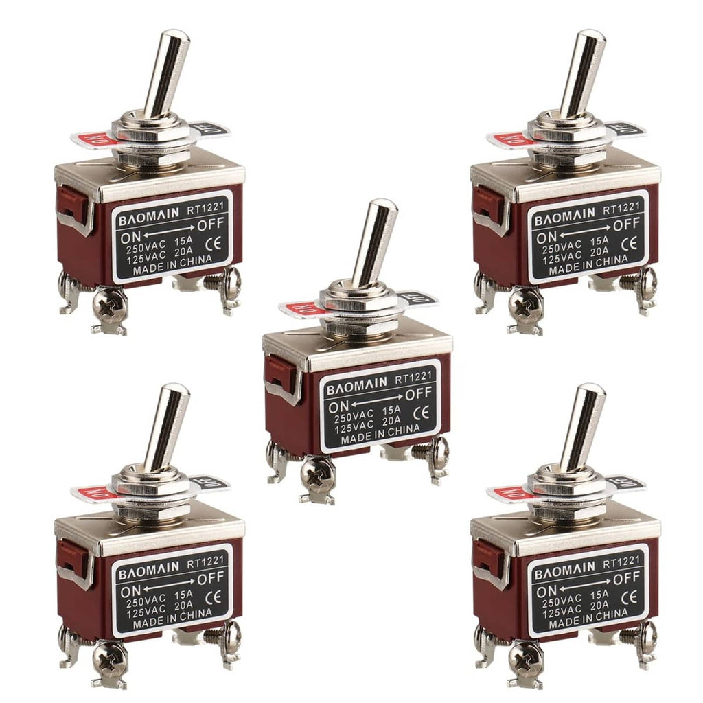 Red on/off toggle switch, metal lever, 4 terminals with BAOMAIN RT1221 label