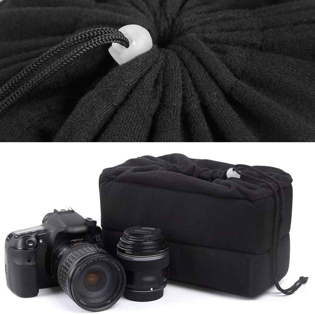 Black padded camera bag insert with drawstring top and secure zip pocket
