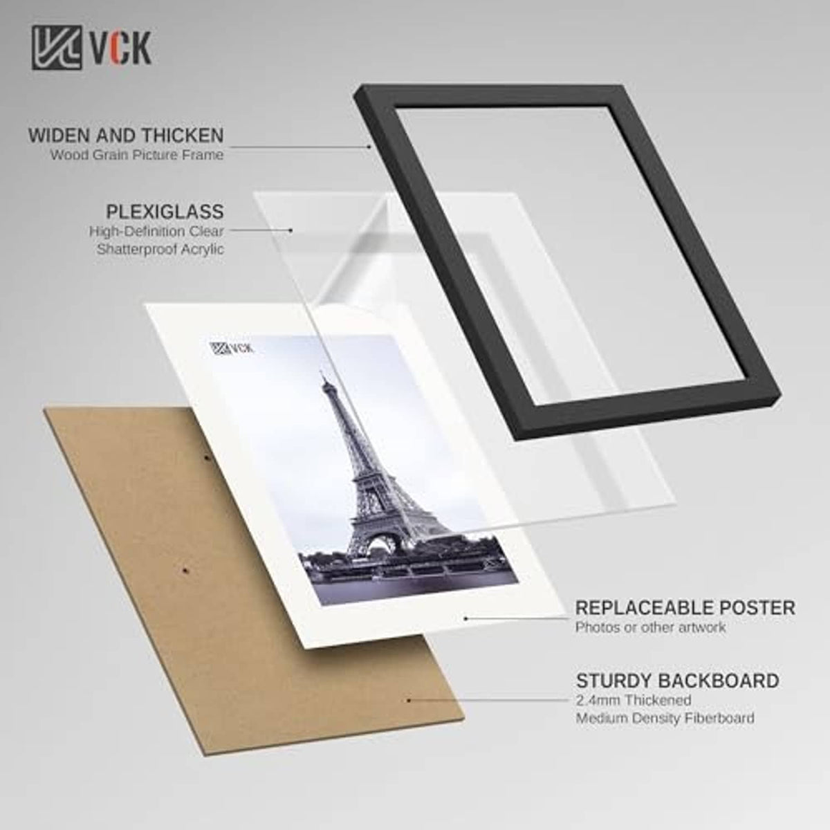 Black 11x17 poster frame with acrylic cover and backing board shown