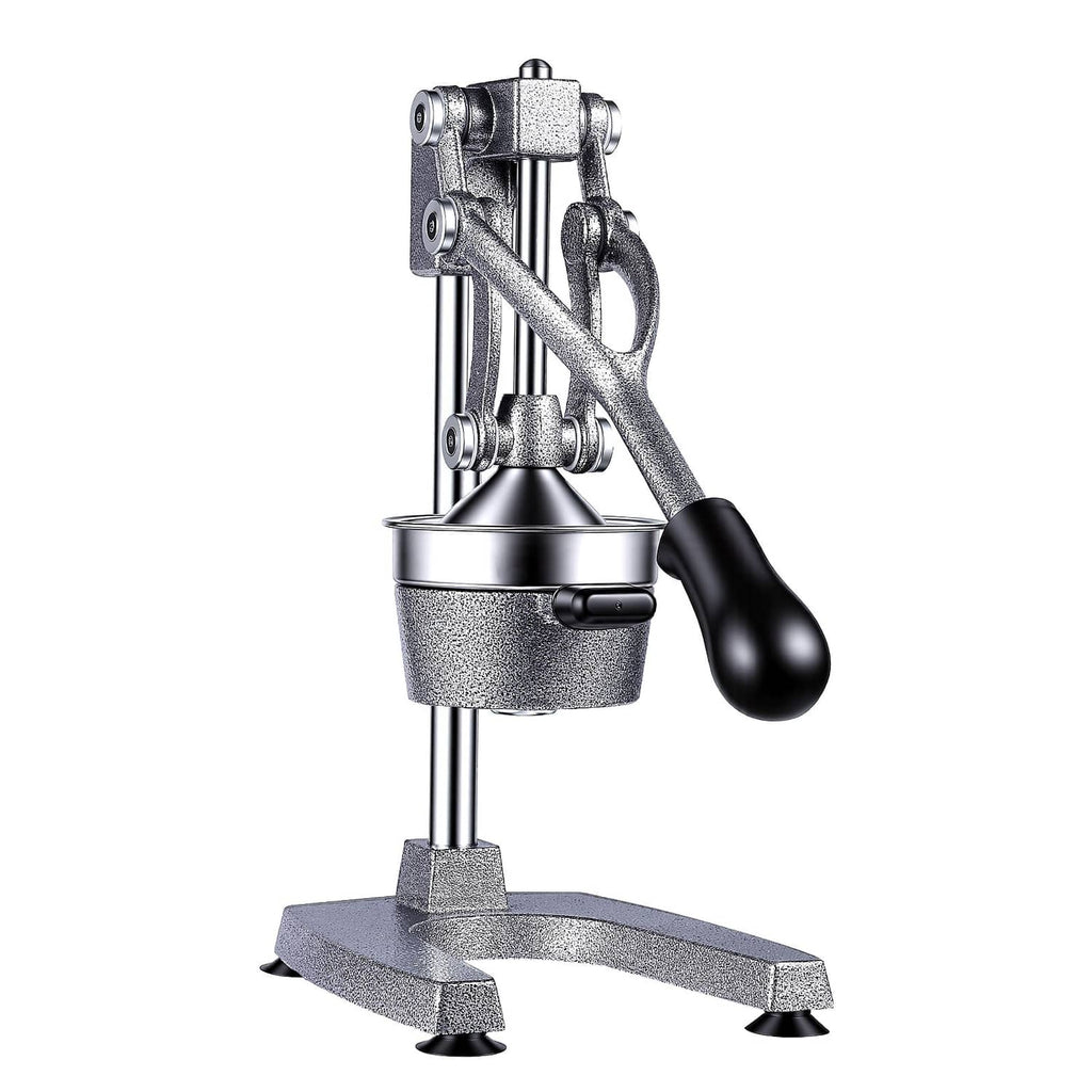 Compact view of manual citrus juicer press with lever handle and press cone, silver