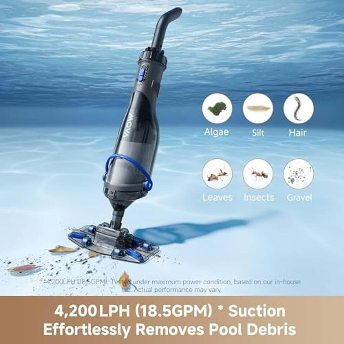 Cordless pool vacuum with clear suction head and blue accents in pool water