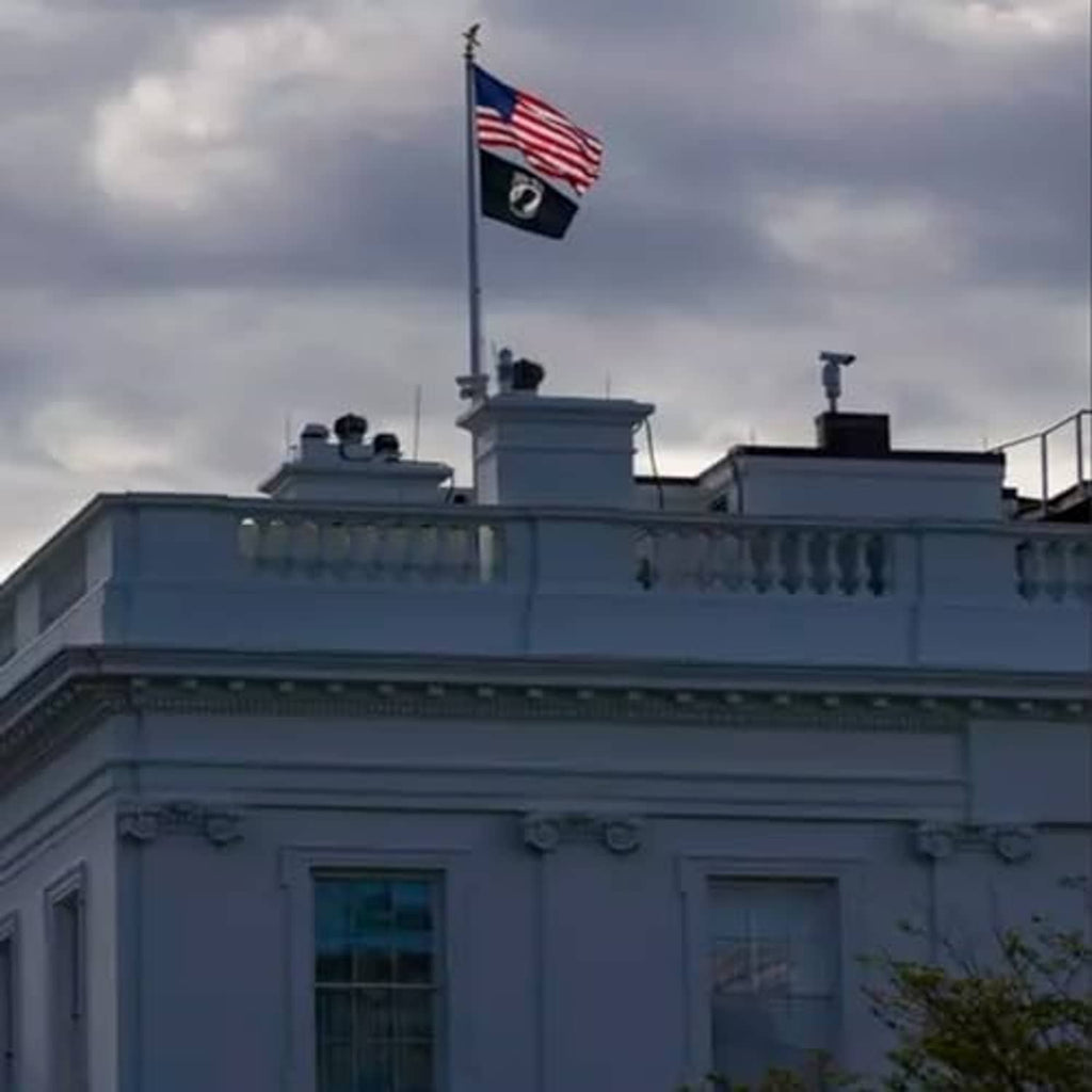 Outdoor flag on pole above building roofline