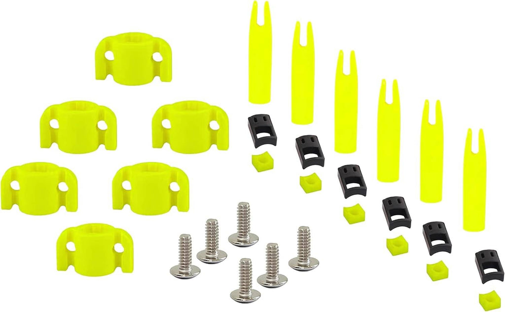 Neon yellow bowfishing arrow safety slides kit with black clamps and silver screws